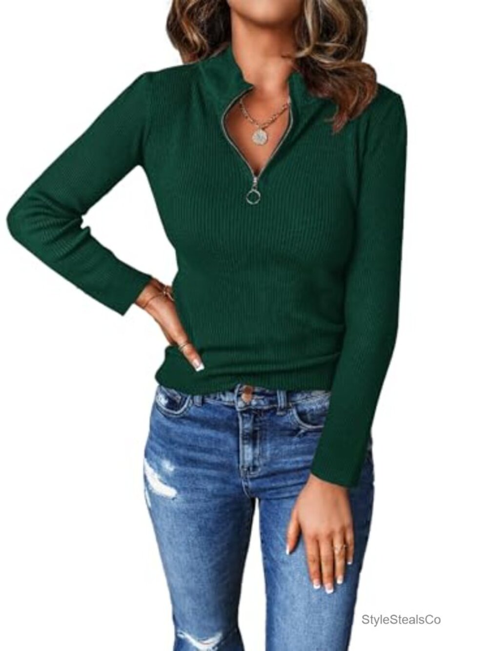 Womens Quarter Zip Mock Neck Rib Fitted Sweater Long Sleeve Knit Top